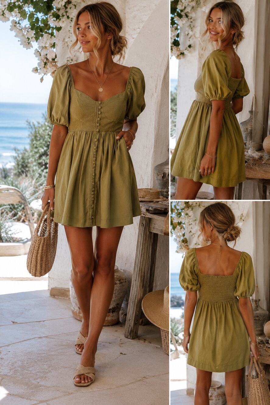 Maeve Anthropologie Olive Puff Sleeve Mini Dress M Cottagecore Smocked Babydoll